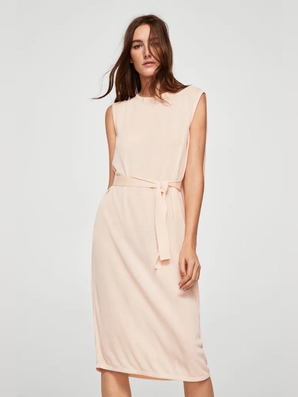 MNG Mango Sleeveless Belted Midi Dress in Light Blush